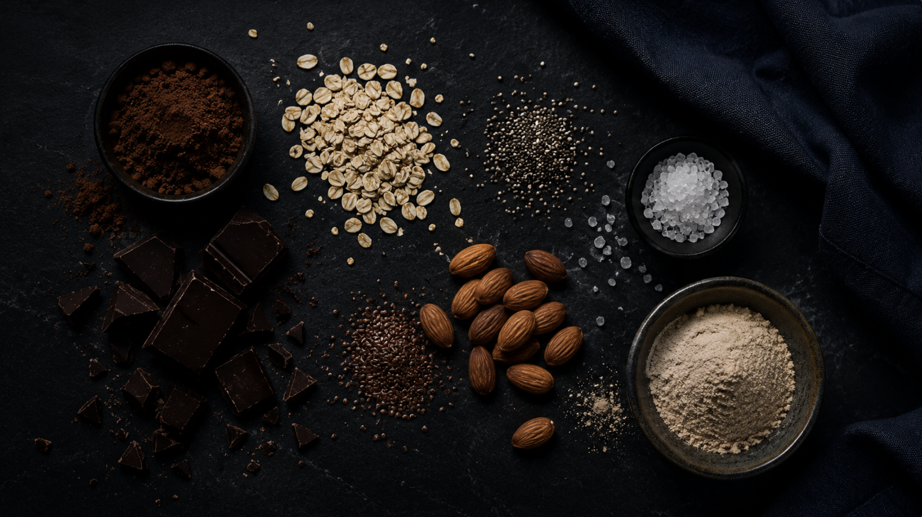 Biologische ingrediënten — cacao, haver, amandelen en zeezout op donker leisteen